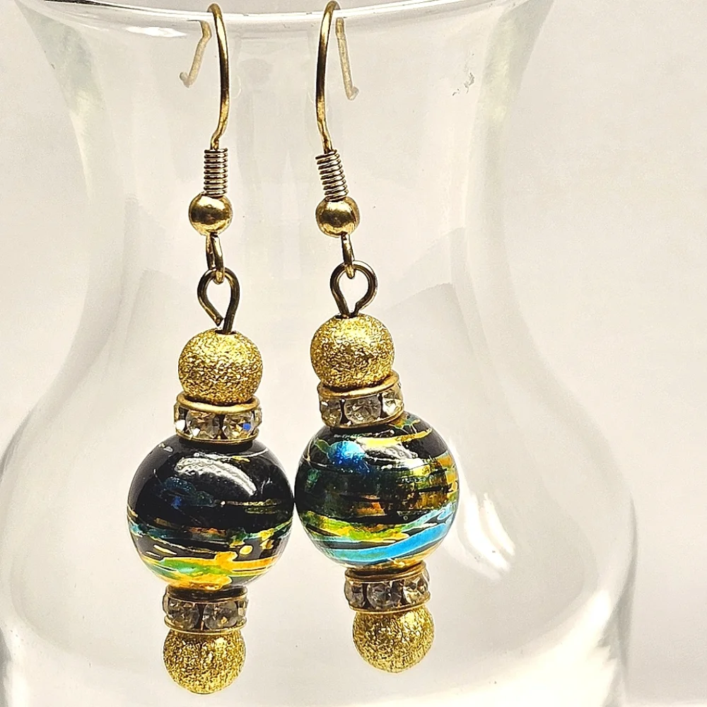 Green, Blue and Gold Beaded Earrings